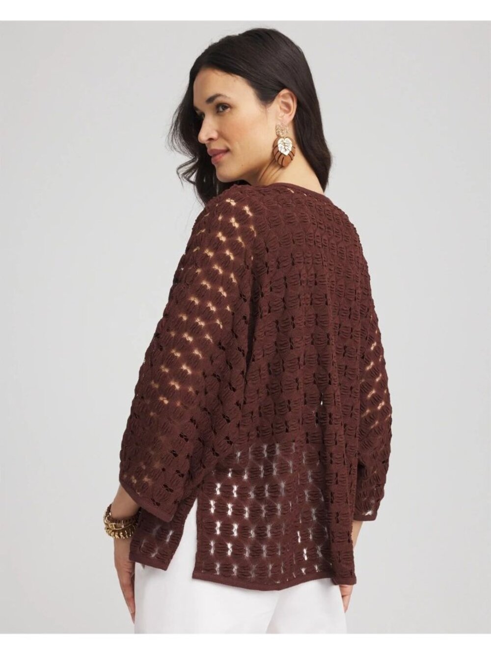 NWT Chico's Women's Brown Open-Weave Open Front Short Kimono Cardigan S/M